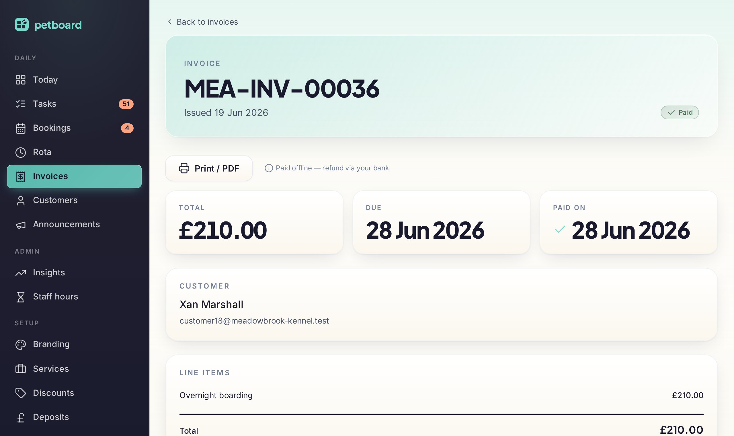 A paid invoice in Petboard